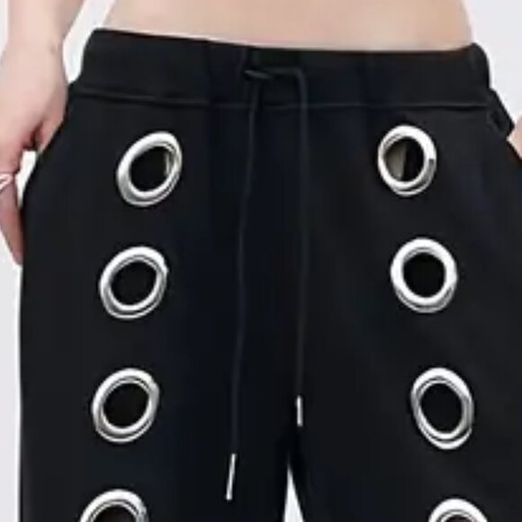 Black Large Silver Grommets Wide Leg Pants Fashionista Goth Y2K Streetwear - Picture 6 of 6